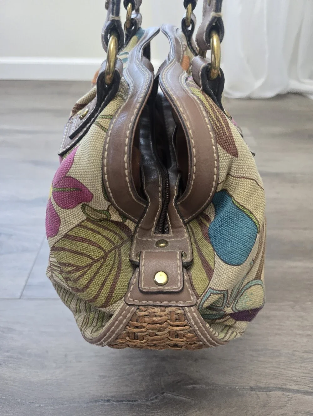 Fossil Key-Per Floral Canvas Hobo Shoulder Bag Brown Leather Trim